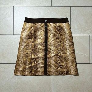 Lafayette 148 New York Gold Snakeskin Print with Brown Trim A-Line Skirt Size 12